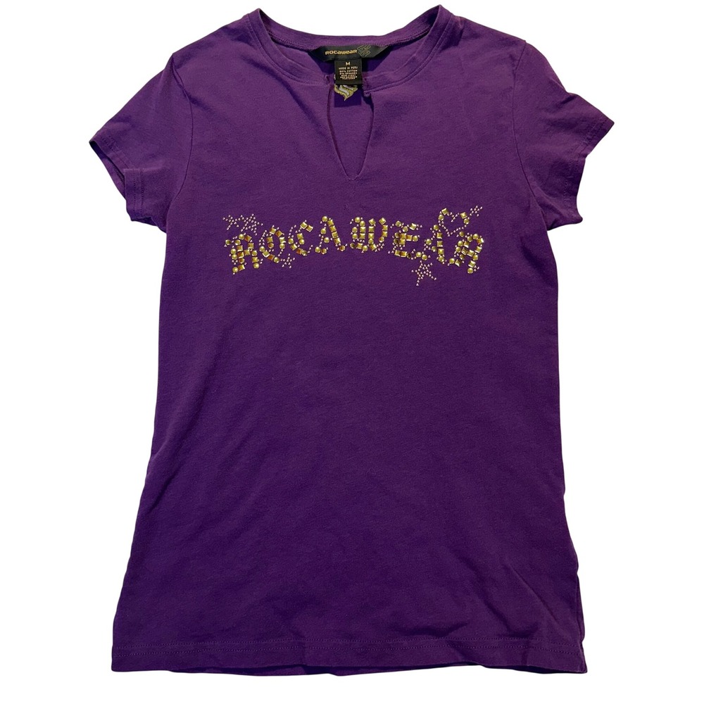 Rocawear T-Shirt Women Medium Purple Y2K Rhinestone Keyhole Neck Streetwear